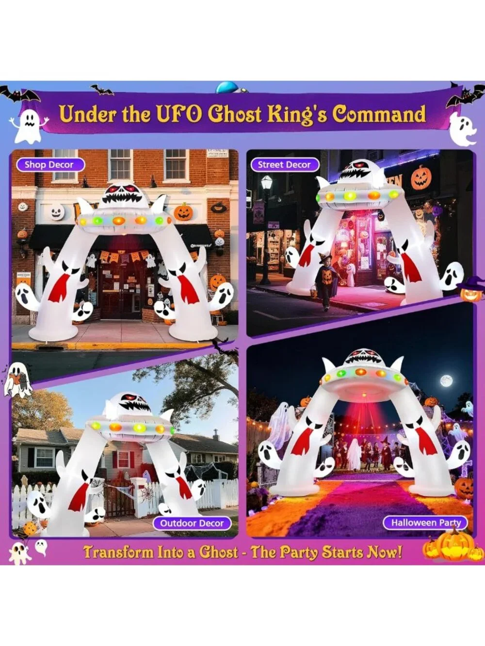 11 ft Halloween Inflatable Archway with Ghosts & UFO - Light-Up Yard Decor